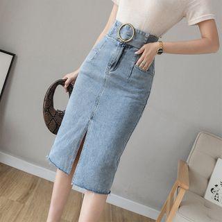 Front-slit Denim Midi Straight-fit Skirt
