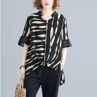 Set: Striped Elbow-sleeve Chiffon Blouse + Cropped Straight-fit Pants