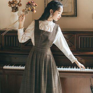 Set: Ruffle Hem Blouse + Plaid A-line Pinafore Dress