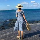 Puff-sleeve Dotted Button-up A-line Midi Dress
