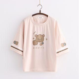 Bear Print Elbow-sleeve Oversized Top