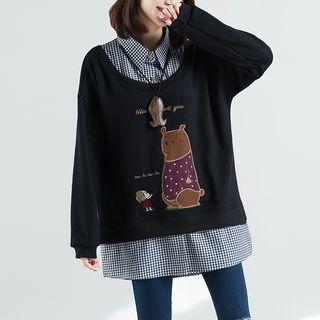 Mock Two Piece Plaid Panel Bear Print Shirt