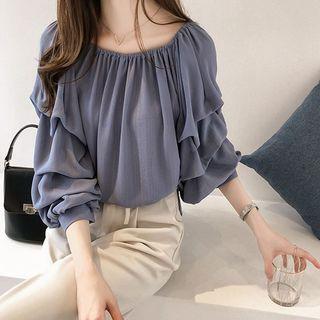 Plain Ruffle-sleeve Blouse