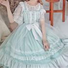Lace Elbow-sleeve Top / Bow Accent Spaghetti Strap A-line Dress / Frilled Trim Hairband / Set