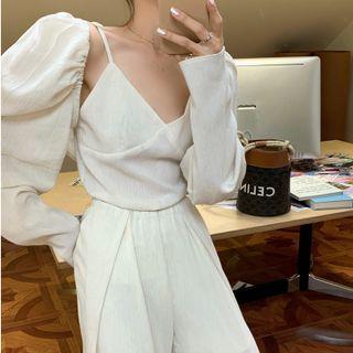 Plain Camisole Top / Wide Leg Pants / Puff-sleeve Shrug