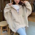 Oversized Plain Long-sleeve Hooded Jacket Almond - One Size