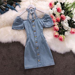 Cold Shoulder Buttoned Denim A-line Dress
