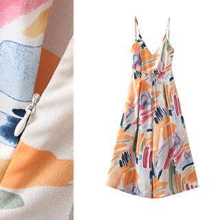V Neck Print Spaghetti Strap Dress With Sash