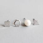 Set Of 4: Faux Pearl / 925 Sterling Silver Geometric Stud Earring 925 Silver - Platinum - One Size