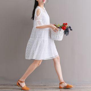 Set: Elbow-sleeve Cold-shoulder Lace Dress + Slipdress