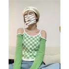 Long-sleeve Cold-shoulder Check Slim-fit Knit Top Green - One Size
