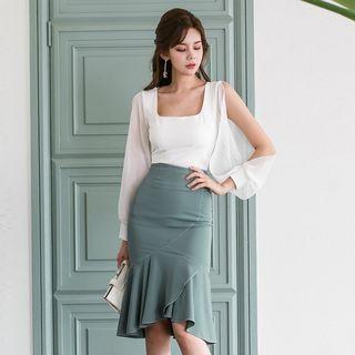 Cut Out Blouse / Ruffle Midi Skirt