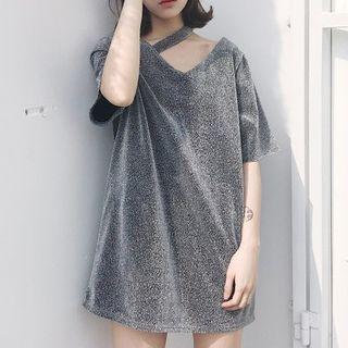 Cut Out Front Glittered Elbow Sleeve Tunic