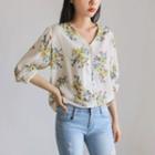 V-neck Elbow-sleeve Floral Blouse