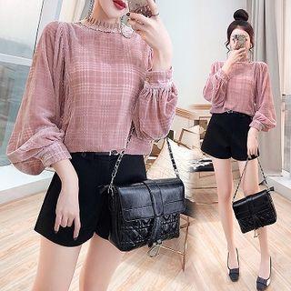Set: Plaid Panel Long-sleeve Top + High-waist Short