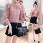 Set: Plaid Panel Long-sleeve Top + High-waist Short