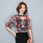 Set: Print Short-sleeve Chiffon Top + Spaghetti Strap Top