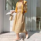 Square-neck Tie-waist Checked Dress Yellow - One Size