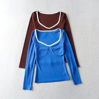 Long Sleeve Contrast-trim Ribbed-knit Sweater