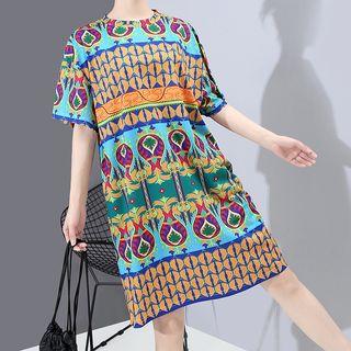 Patterned Elbow-sleeve Shift Dress As Shown In Figure - One Size