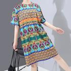 Patterned Elbow-sleeve Shift Dress As Shown In Figure - One Size