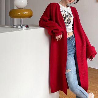 Open Front Plain Knit Long Cardigan