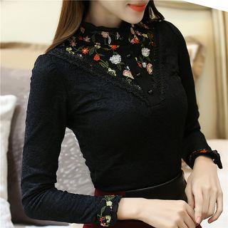 Embroidered Long-sleeve Fleece-lined Top