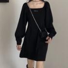 Long-sleeve Square-neck Mini A-line Dress Black - One Size