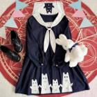Cartoon Applique Sailor Collar Long Sleeve Dress