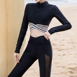 Set: Long-sleeve Contrast Trim Zip Rashguard + Swim Pants