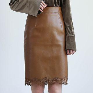 Lace Trim Faux Leather Pencil Skirt