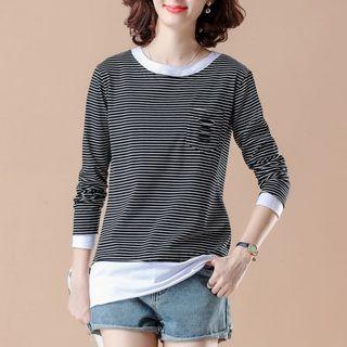 Long-sleeve Striped Mock Two-piece T-shirt