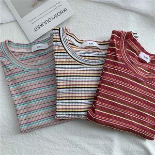 Striped Rib-knit Short-sleeve T-shirt