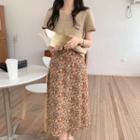 Short-sleeve Knit Top / Floral Print Midi A-line Skirt