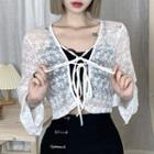 Long-sleeve Lace Tie-strap Top White - One Size