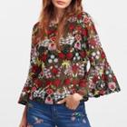 Flower Embroidered Bell-sleeve See-through Top