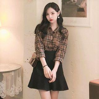 Plaid Shirt / Plain Mini A-line Skirt