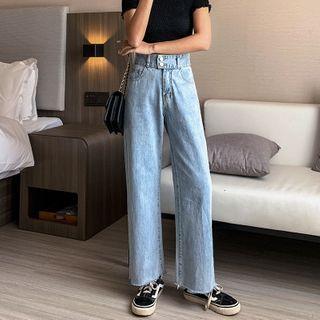 Frayed Washed Straight-fit Jeans