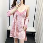 Loungewear Set : Lace Trim Leopard Print Suspender Sleep Dress + Robe