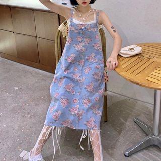 Spaghetti Strap Floral Print Denim Midi Dress