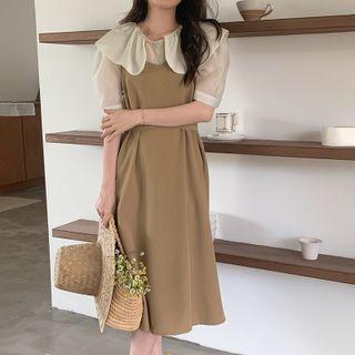 Puff-sleeve Collar Blouse / Midi A-line Overall Dress