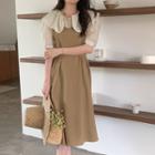 Puff-sleeve Collar Blouse / Midi A-line Overall Dress