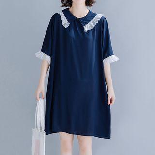 Mesh Panel Elbow-sleeve Collared Dress