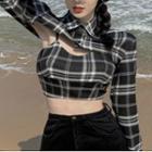 Set: Long-sleeve Cropped Plaid Shirt + Camisole Top