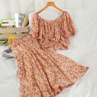 Set: Elbow-sleeve Floral Print Blouse + Midi A-line Skirt