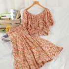 Set: Elbow-sleeve Floral Print Blouse + Midi A-line Skirt