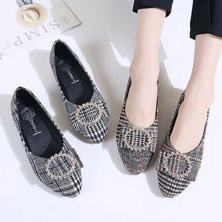 Rhinestone Bow Plaid Fabric Flats