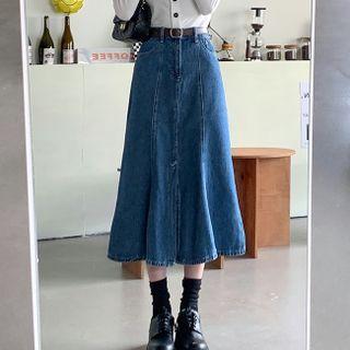 High-waist Slit Denim Midi Mermaid Skirt