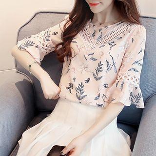 Elbow-sleeve Perforated Trim Printed Chiffon Top