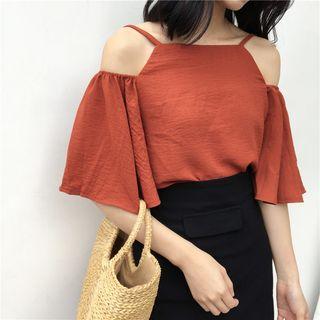 Plain Off-shoulder Short-sleeve Chiffon Top